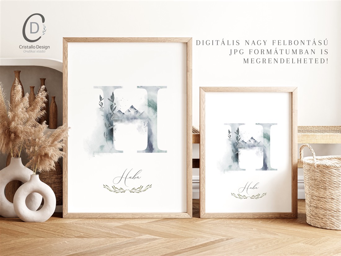 Scrisoarea H, monogramă, imagine de zi cu nume, decorare, artă de perete acuarelă, personalizată -  - Artynos.ro