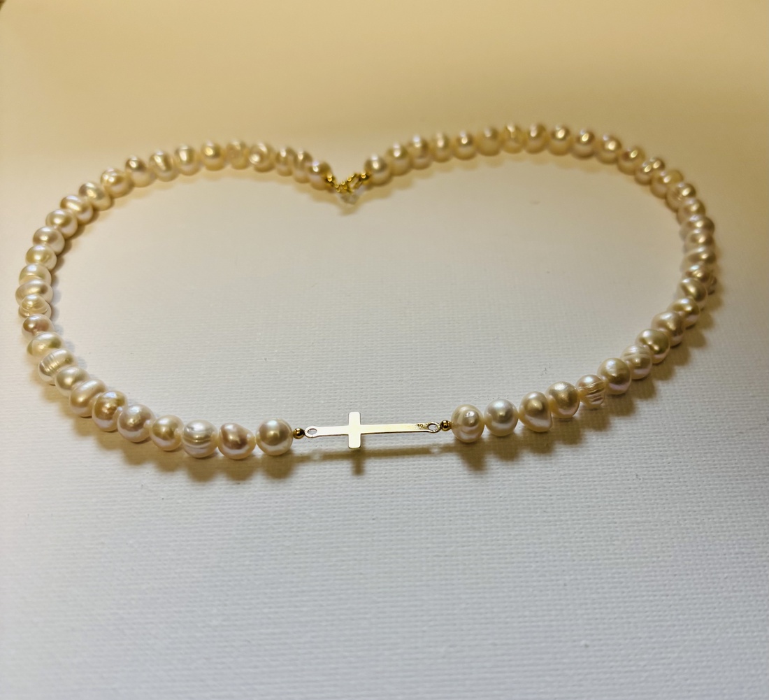 Colier perle de cultura si cruciulita argint  - bijuterii - coliere - coliere din perle - Artynos.ro