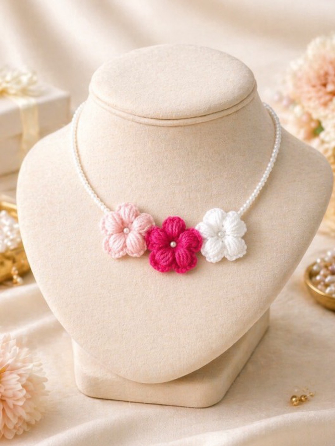 Colier finut cu perlute si flori crosetate - bijuterii - coliere - coliere din perle - Artynos.ro