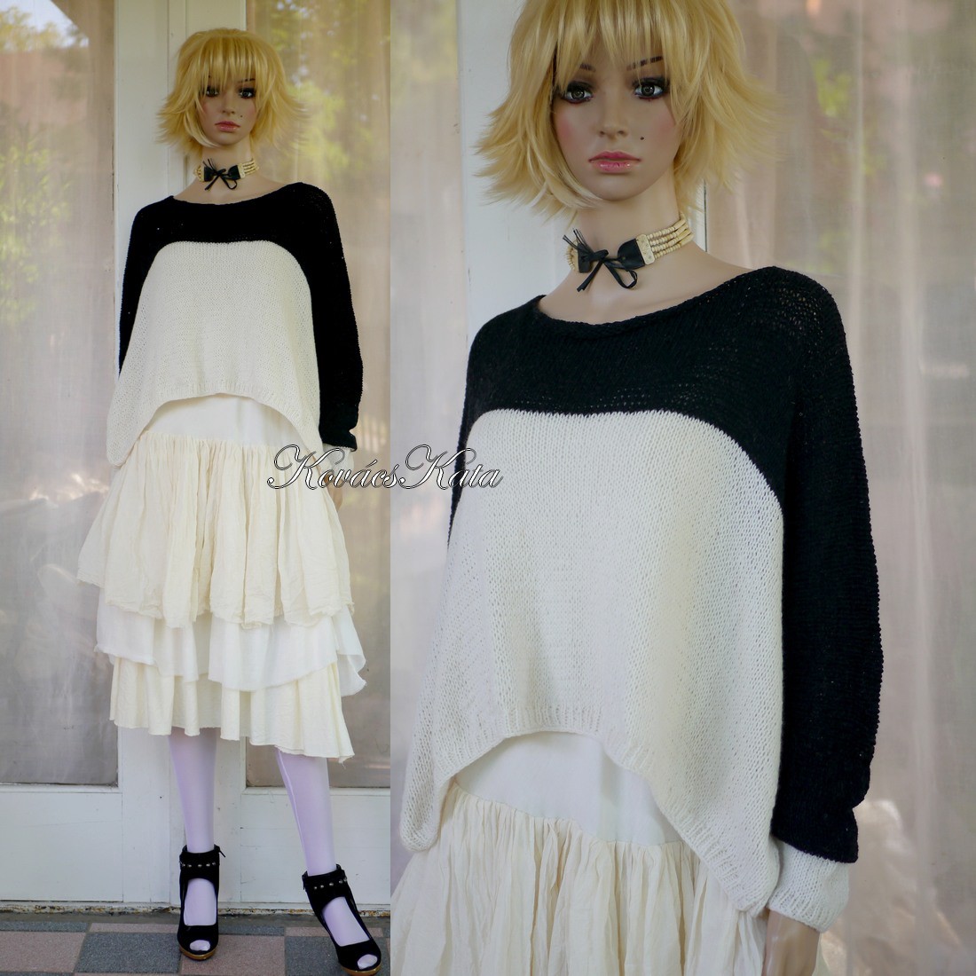 CRAZY SEXY- pulover curgător extravagant tricotat manual / alb + negru - îmbrăcăminte și modă - haine damă - hanorace, cardigane - Artynos.ro