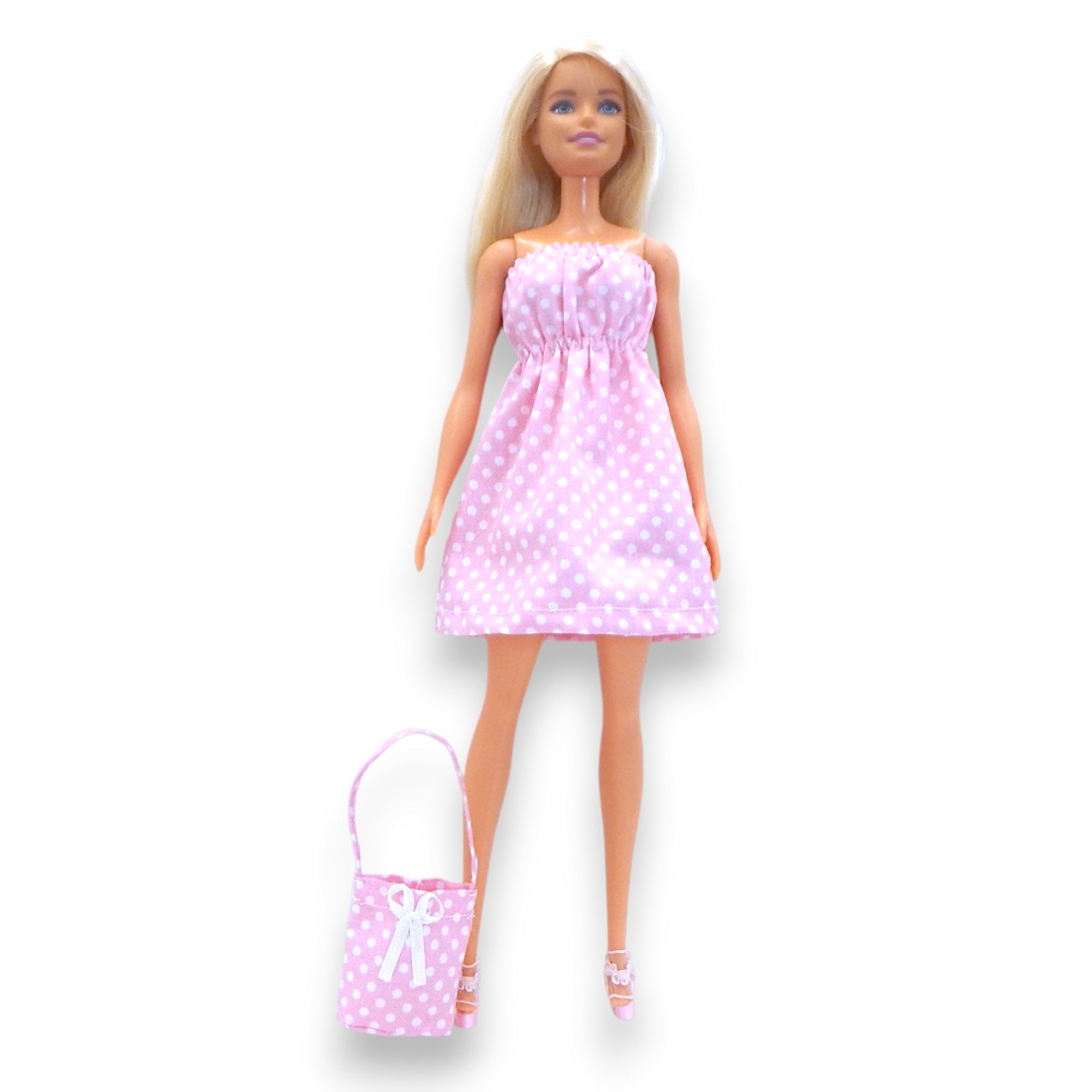 Rochie de vară din pânză cu buline roz pentru păpușile de tip Barbie, cu geantă (potrivită și pentru Steffi însărcinată!) (a075rp) -  - Artynos.ro