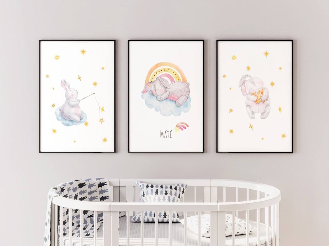 Decalcoman de perete pentru camera copilului, poster cu iepuraș de noapte bună, set unic personalizat de imagini cu animale, 3 bucăți - - Artynos.ro Decalcoman de perete pentru camera copilului, poster cu iepuraș de noapte bună, set unic personalizat de imagini cu animale, 3 bucăți - - Artynos.ro