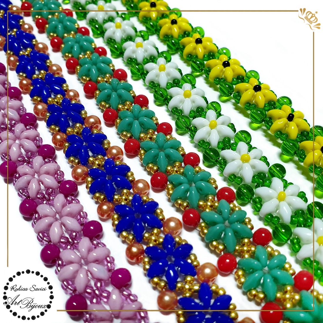 BRĂȚARĂ cu floricele roșu+turcoaz+auriu - bijuterii - brățări - brățară cu mărgele - Artynos.ro