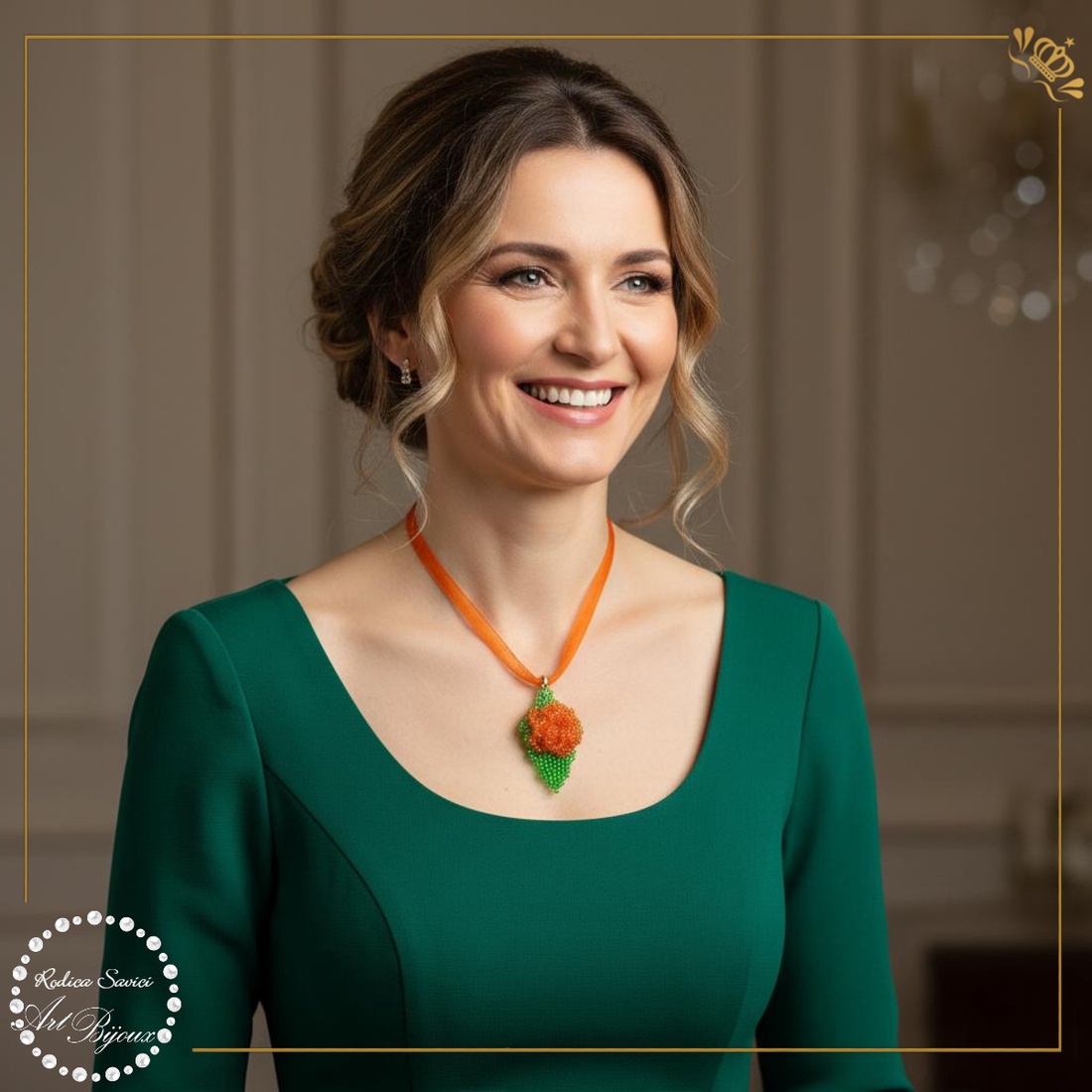 PANDANTIV trandafiraș pe frunză - PORTOCALIU - bijuterii - coliere - pandative - Artynos.ro