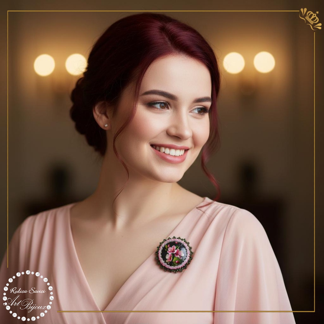 BROȘĂ FLORI PIERSIC ROZ - margine verde transparent - bijuterii - broșe - Artynos.ro