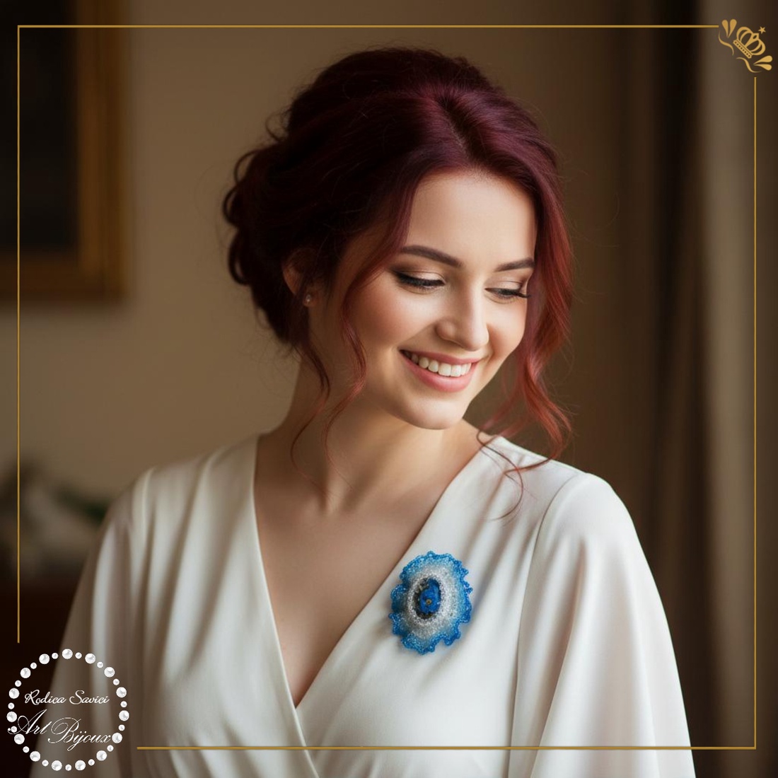 BROȘĂ ovală cu margine dantelată creață albastră - bijuterii - broșe - Artynos.ro