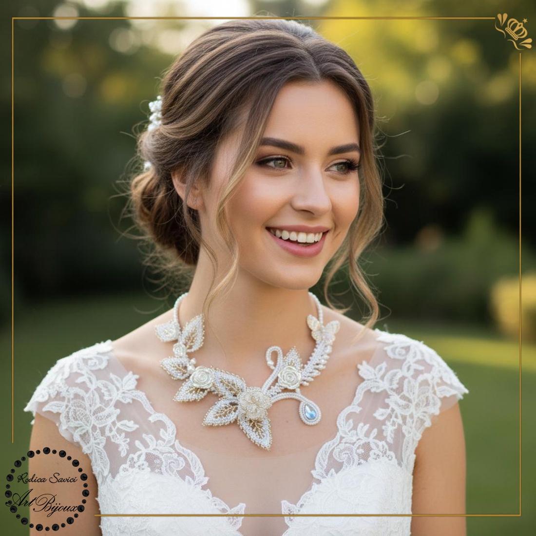 COLIER MIREASĂ - cu flori, frunze și fluturaș alb cu auriu  - accesorii nuntă - bijuterii mireasă - colier mireasă - Artynos.ro