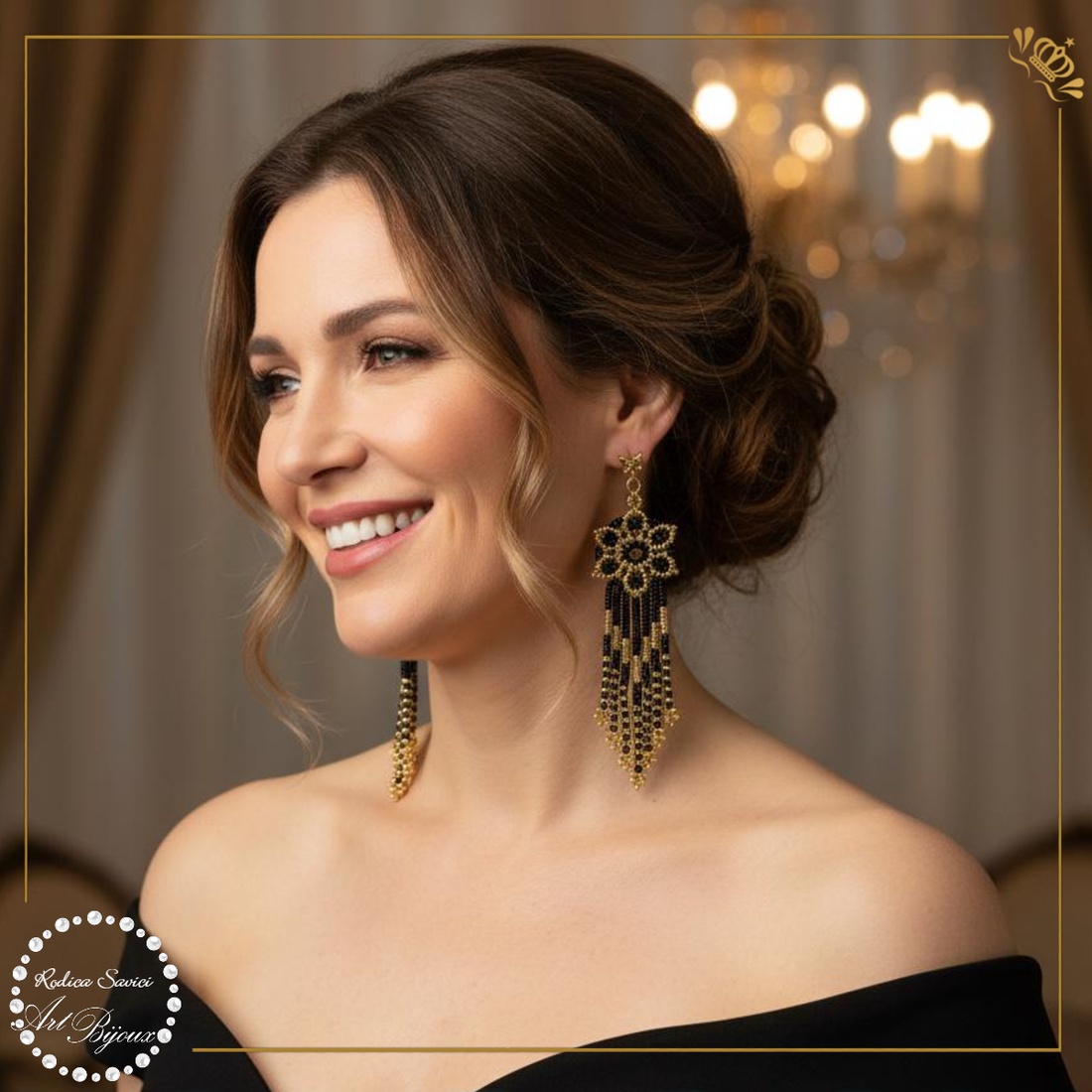 CERCEI CU FLOARE ȘI FRANJURI - negru cu auriu - bijuterii - cercei - cercei din mărgele - Artynos.ro