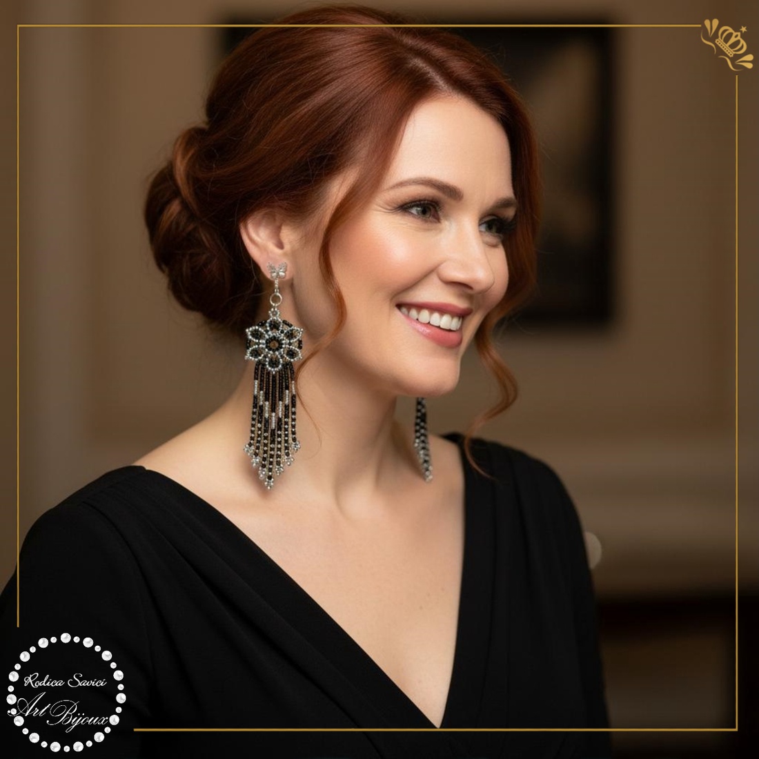 CERCEI CU FLOARE ȘI FRANJURI - negru cu argintiu - bijuterii - cercei - cercei din mărgele - Artynos.ro