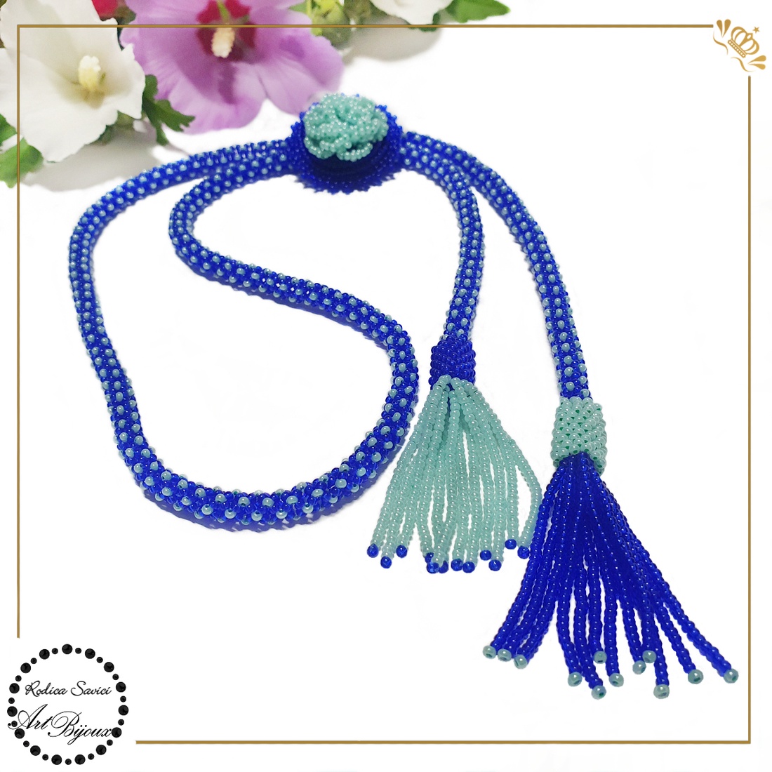 COLIER 2 în 1 LUNG, CU FRANJURI - albastru cu bleu - bijuterii - coliere - coliere din mărgele - Artynos.ro