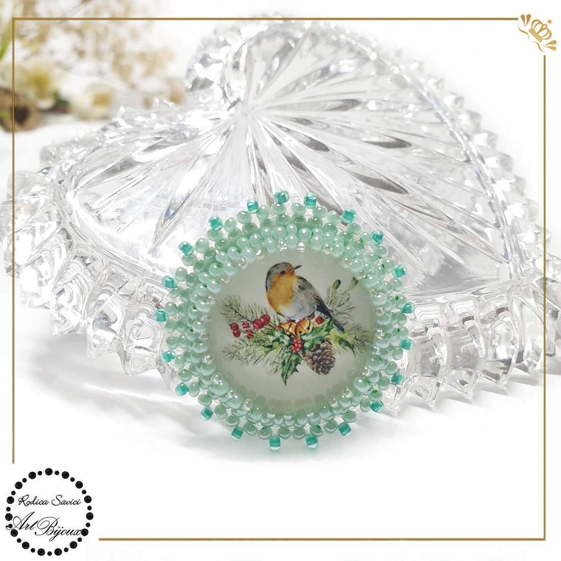 BROȘĂ PASĂRE pe ramură de brad - nr.1 - bijuterii - broșe - Artynos.ro