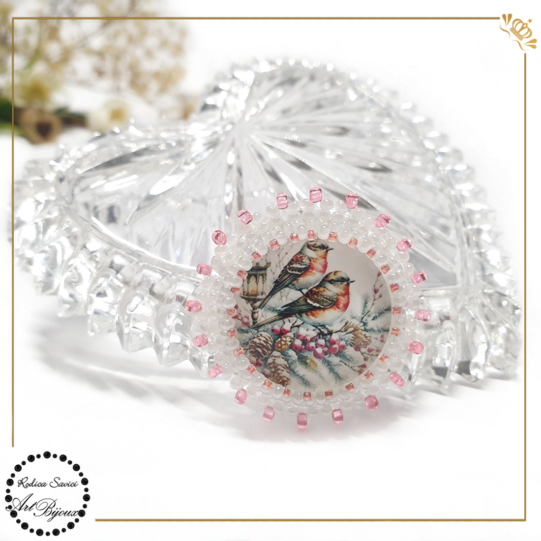 BROȘĂ PĂSĂRI pe ramură cu zăpadă - nr. 1 - bijuterii - broșe - Artynos.ro