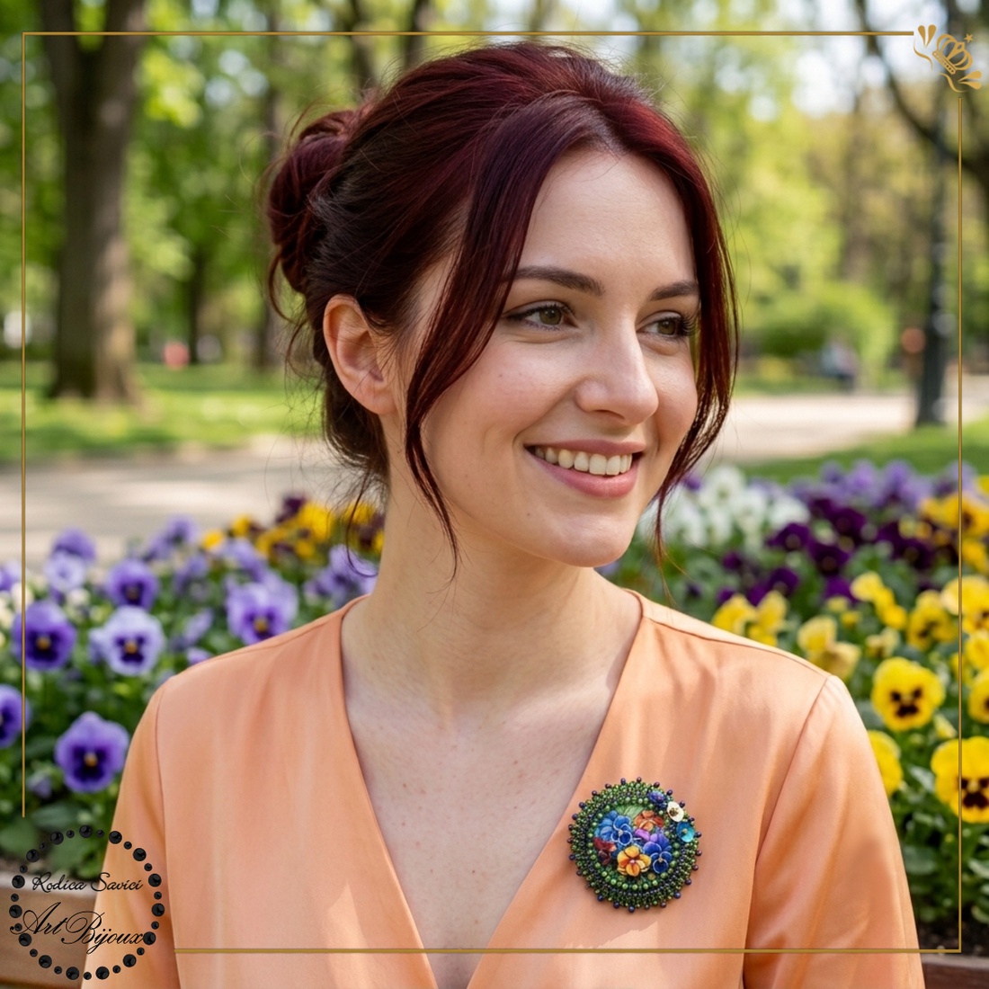 Broșă panseluțe cu margine verde - nr 20 - bijuterii - broșe - Artynos.ro
