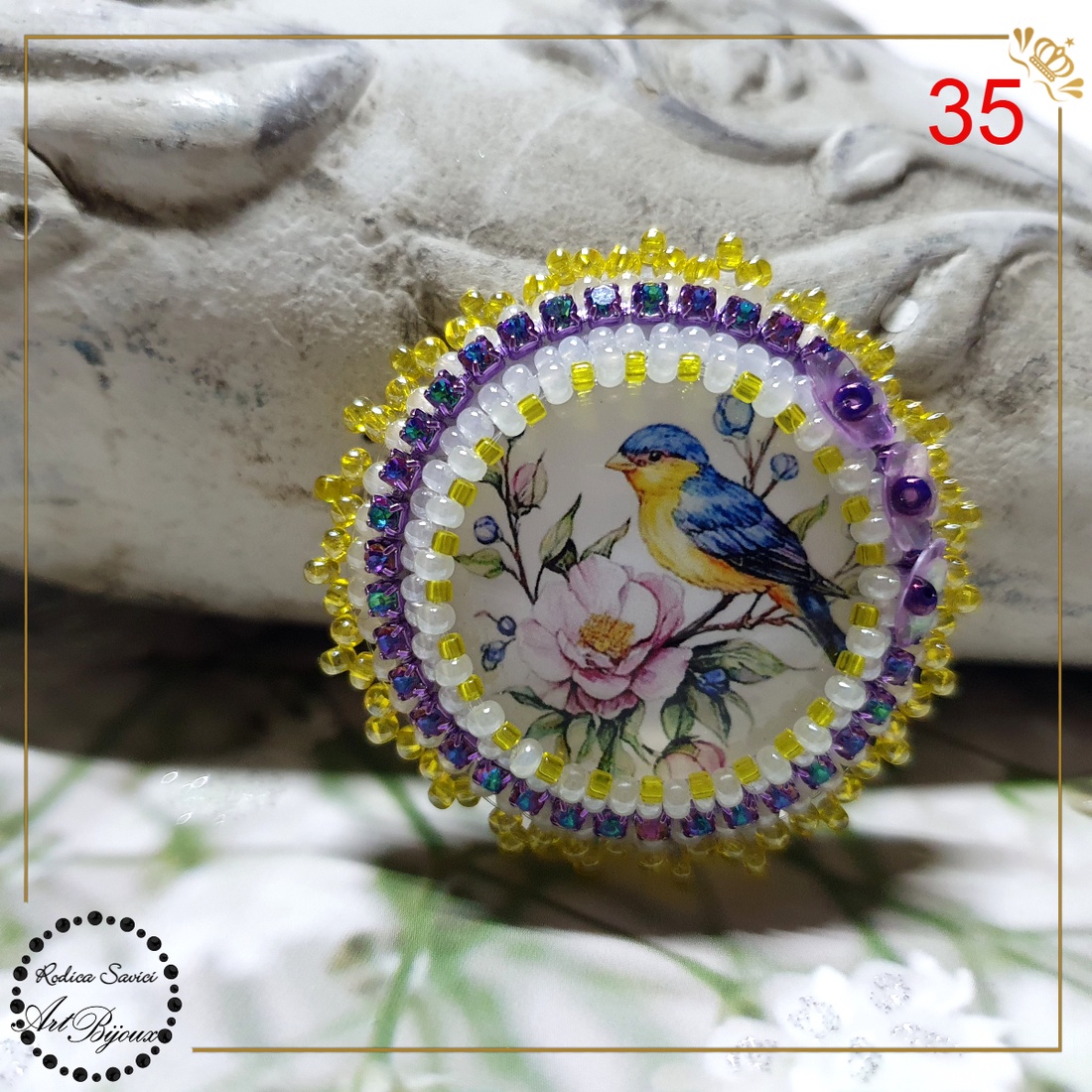Broșă pasăre pe creangă înflorită - nr 35 - bijuterii - broșe - Artynos.ro