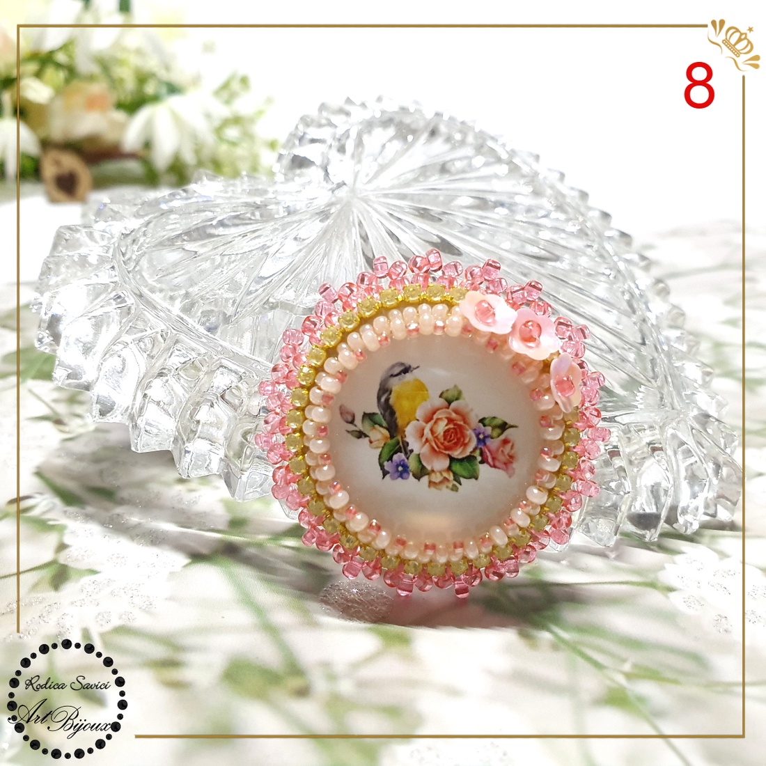 Broșă pasăre cu trandafiri roz - nr 8 - bijuterii - broșe - Artynos.ro