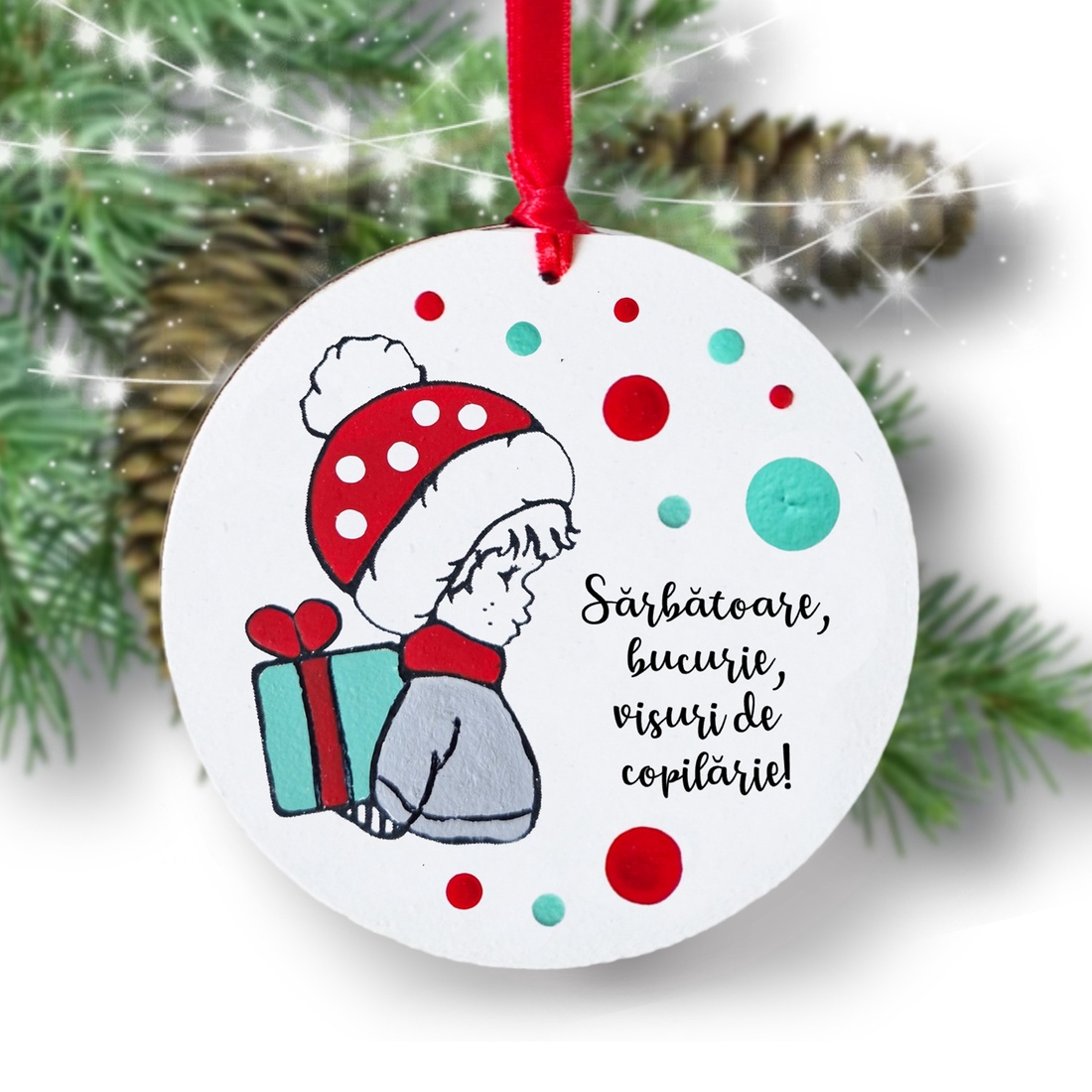 Glob pom Craciun Copil pictat manual personalizat cu mesaj - crăciun - decorațiuni de crăciun de casă - globuri de crăciun - Artynos.ro