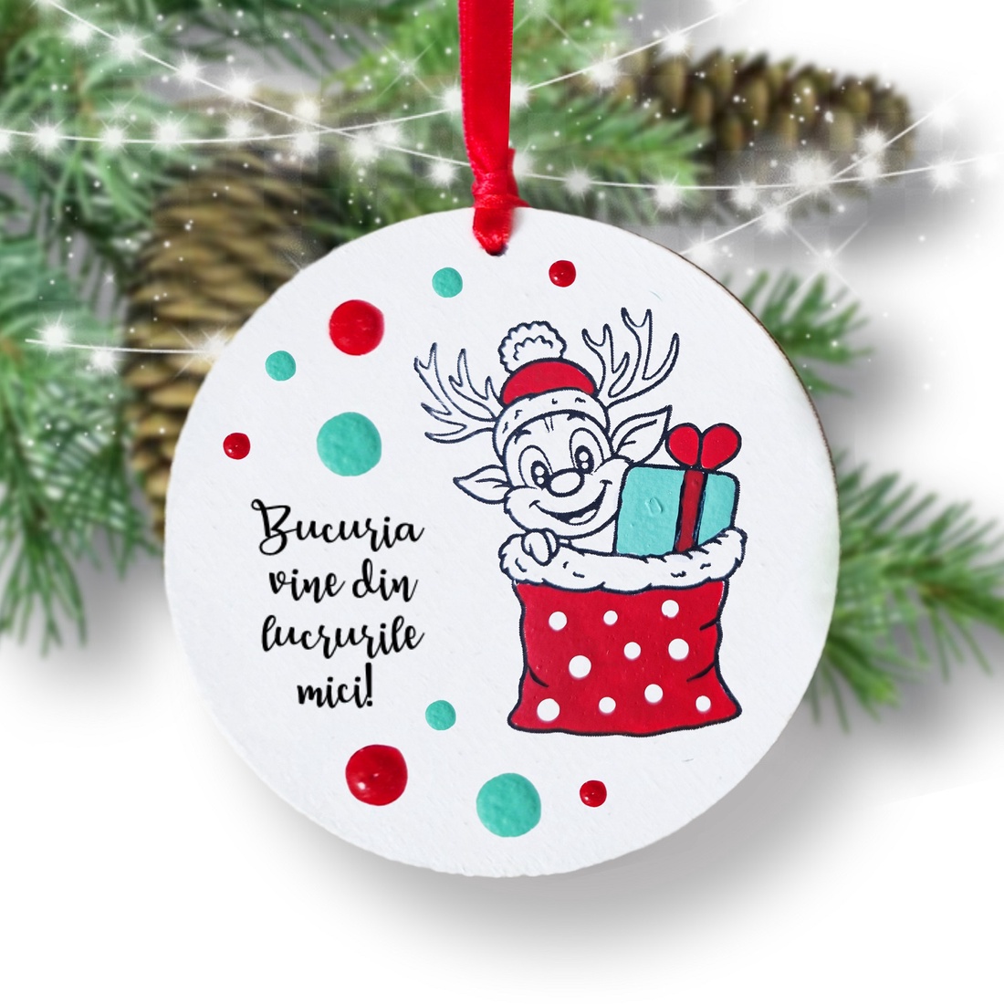 Glob pom Craciun Ren pictat manual personalizat cu mesaj - crăciun - decorațiuni de crăciun de casă - globuri de crăciun - Artynos.ro