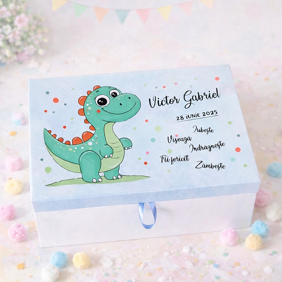 Cufar pentru amintiri pictat manual personalizat cu nume dinozaur jungle - jucării și echipamente pentru copii - daruri de botez - Artynos.ro