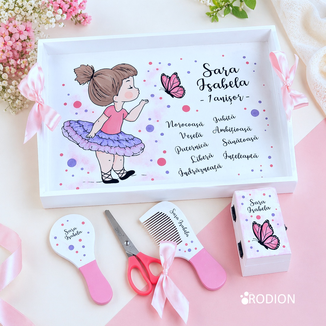 Set prima aniversare fetita balerina tava mot personalizata pictata manual - jucării și echipamente pentru copii - saci și seturi pentru copii - seturi pentru copii - Artynos.ro