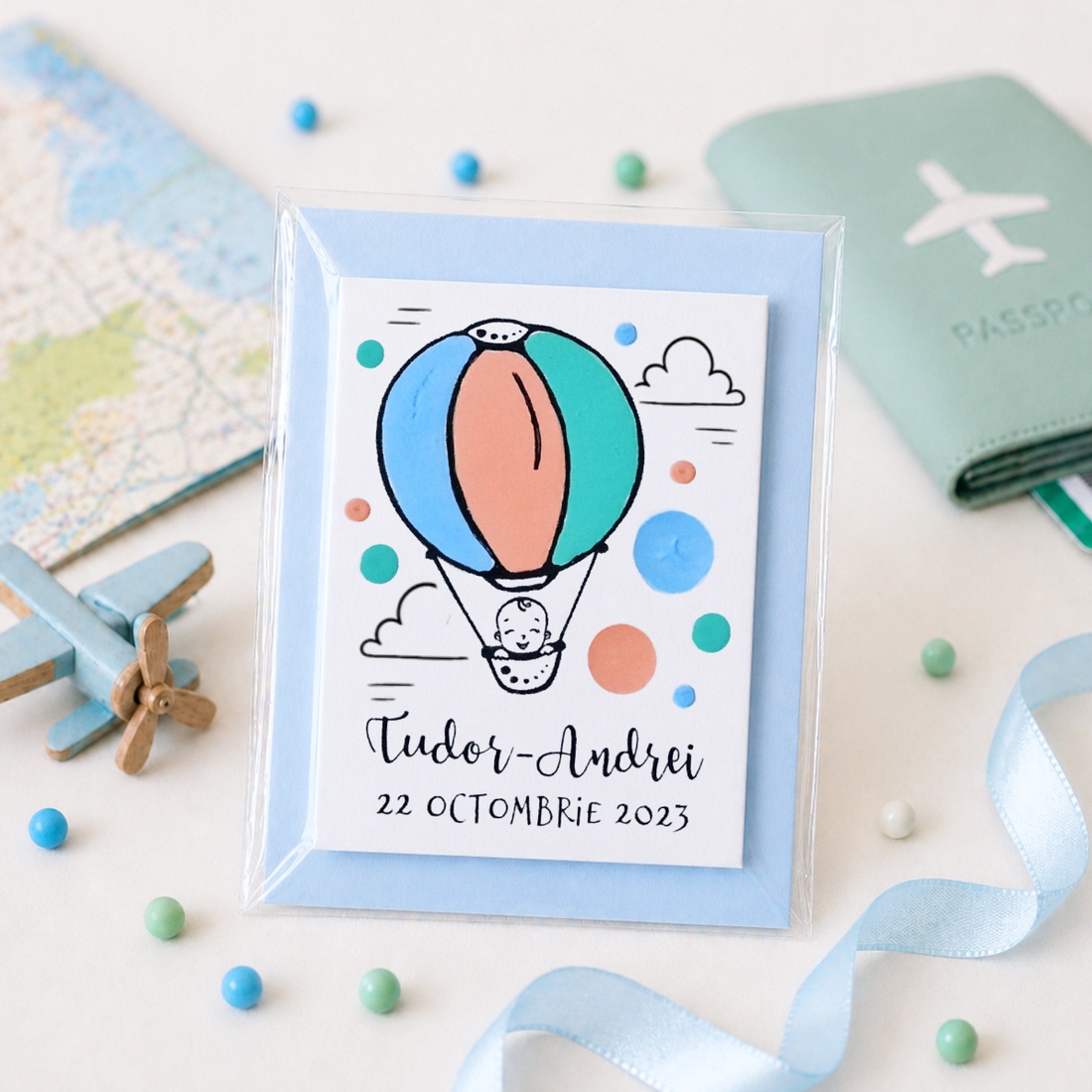 Marturii botez baietel pictat manual personalizate cu nume Balon cu aer - jucării și echipamente pentru copii - daruri de botez - Artynos.ro
