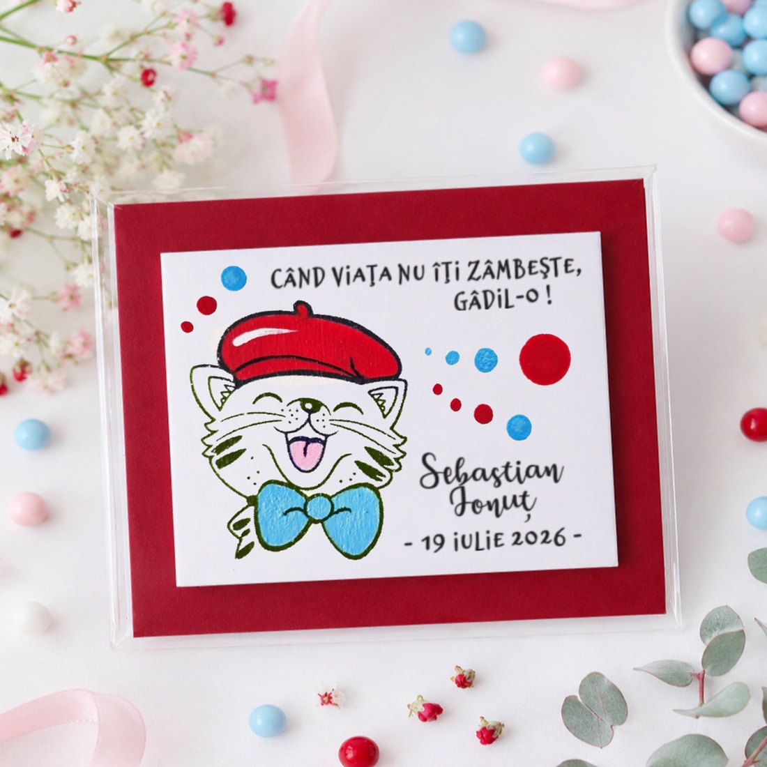Marturii botez manual personalizate cu nume Pisicuta - jucării și echipamente pentru copii - daruri de botez - Artynos.ro