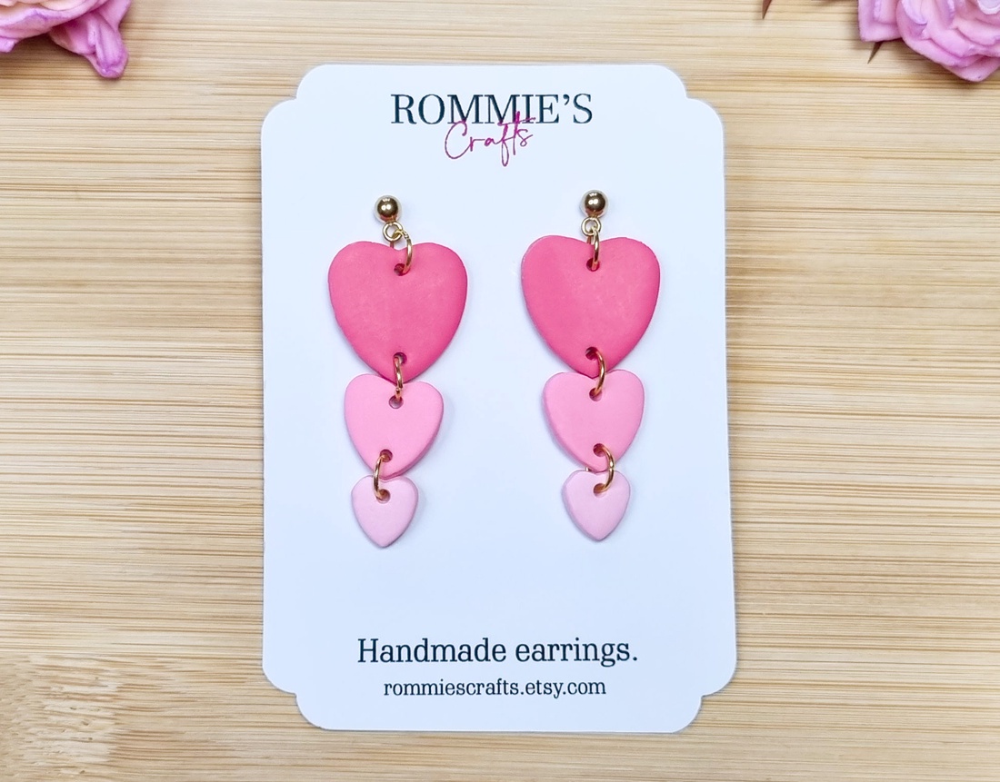 Cercei Inimi Roz în Degrade � Bijuterii handmade din lut polimeric - bijuterii - cercei - cercei lungi - Artynos.ro