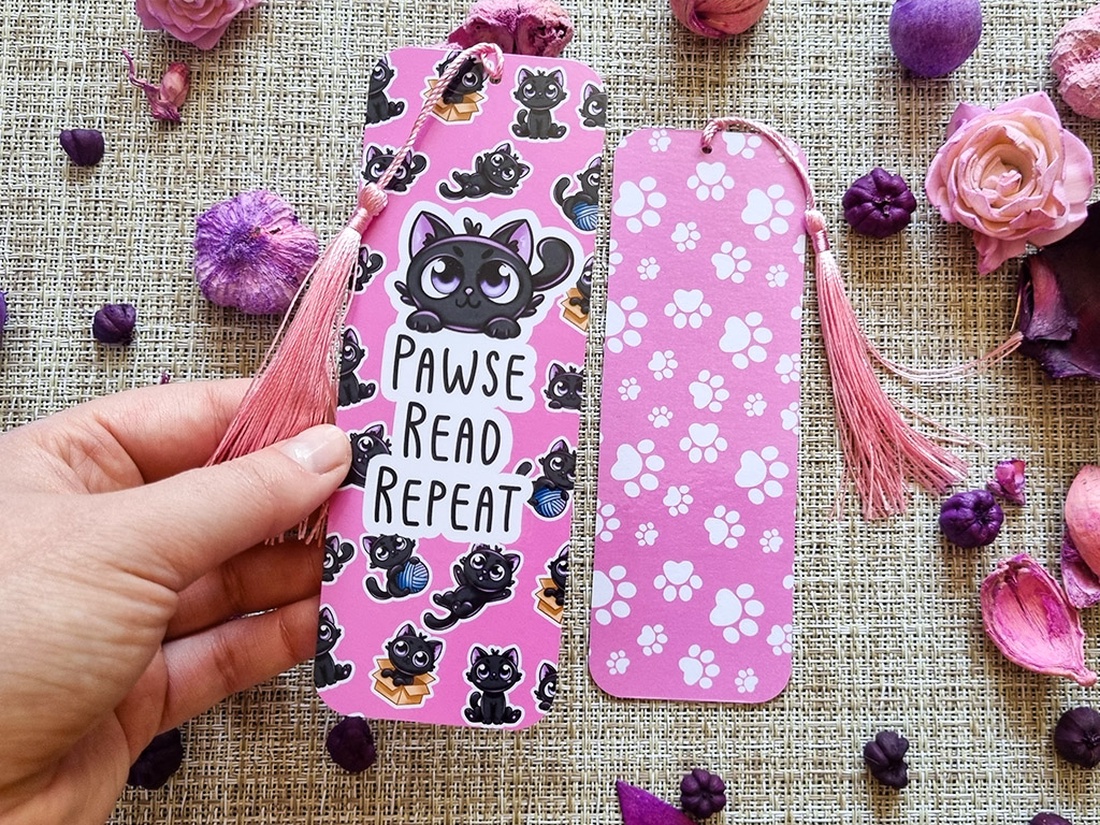 Semn de Carte Pawse Read Repeat cu Pisici � Bookmark Handmade pentru Iubitori de Carti si Pisici - cărți și creații cu tematică muzicală, cadouri - semn de carte - Artynos.ro