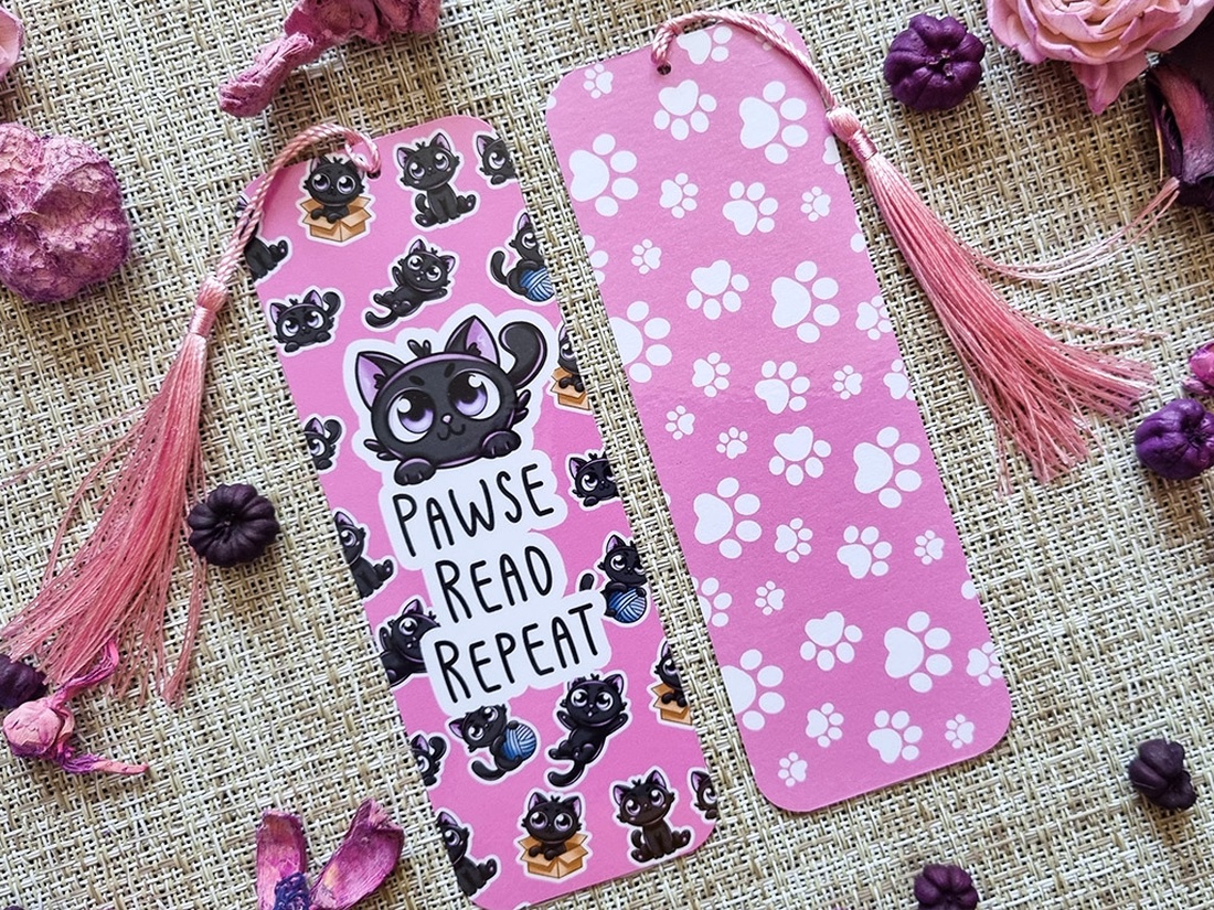 Semn de Carte Pawse Read Repeat cu Pisici � Bookmark Handmade pentru Iubitori de Carti si Pisici - cărți și creații cu tematică muzicală, cadouri - semn de carte - Artynos.ro