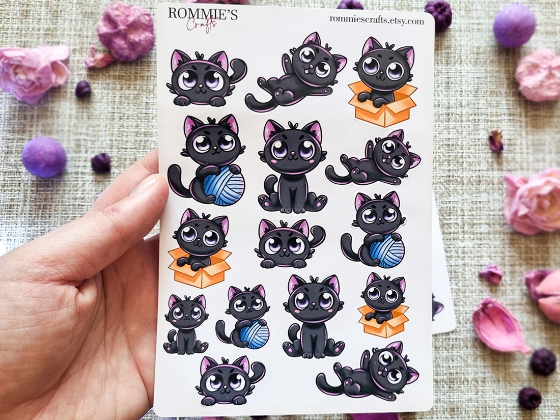Set stickere pisica neagra - autocolante decorative pentru laptop, jurnal, planner - casă & stil de viață - produse de papetărie - pachet stickere - Artynos.ro