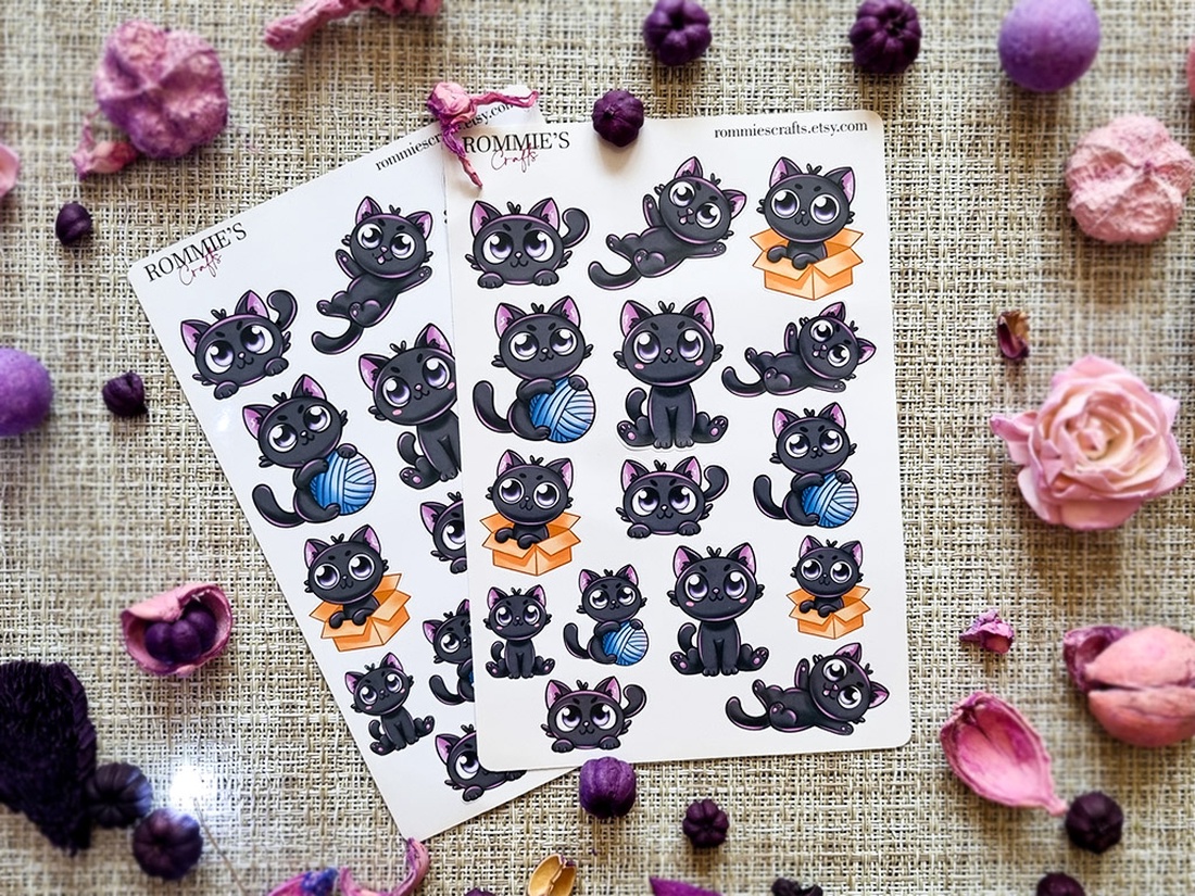 Set stickere pisica neagra - autocolante decorative pentru laptop, jurnal, planner - casă & stil de viață - produse de papetărie - pachet stickere - Artynos.ro