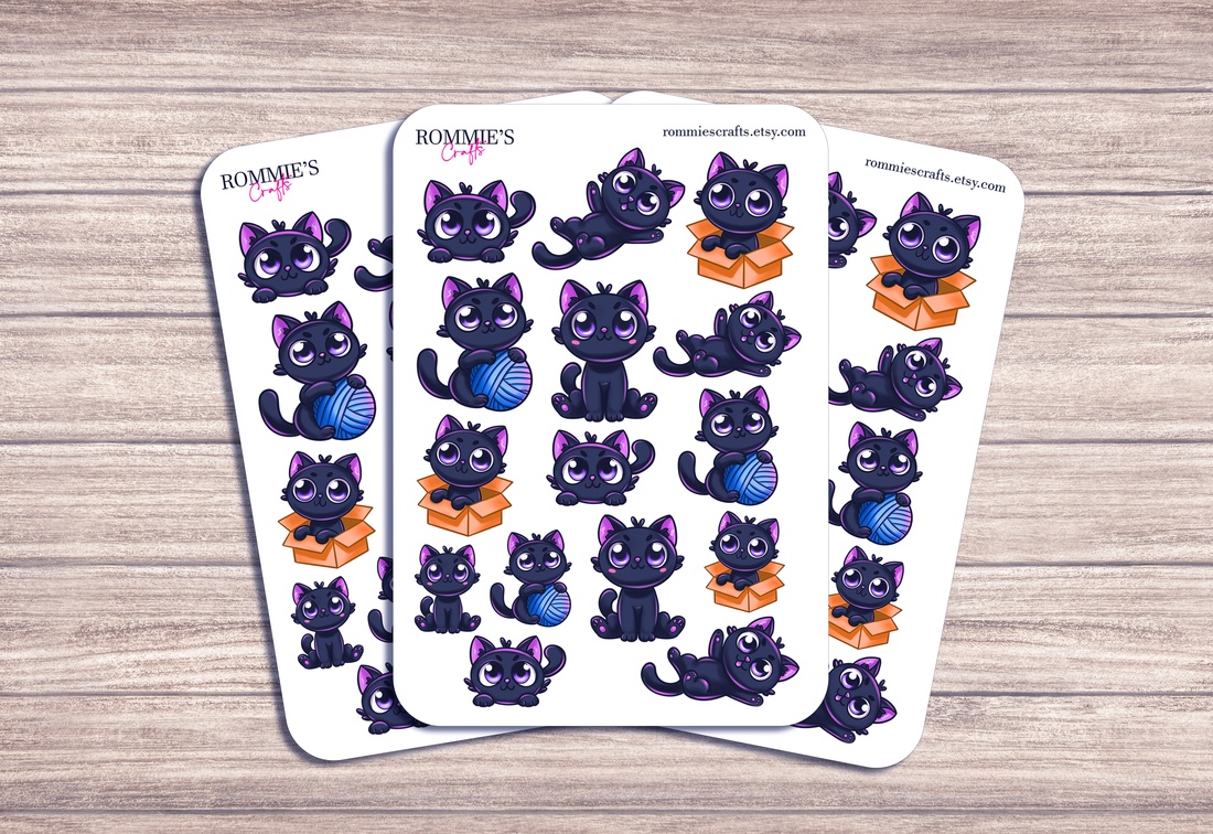 Set stickere pisica neagra - autocolante decorative pentru laptop, jurnal, planner - casă & stil de viață - produse de papetărie - pachet stickere - Artynos.ro