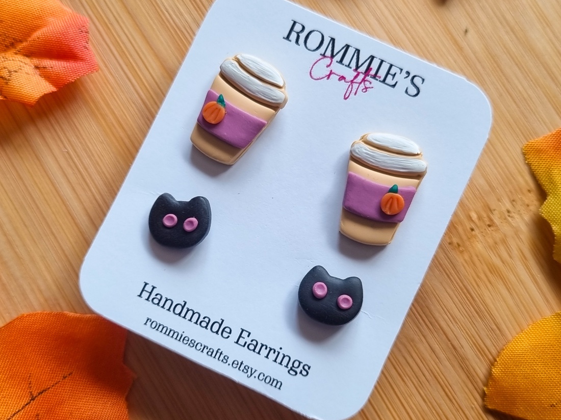 Set cercei de toamna cafea si pisicute, handmade din lut polimeric - bijuterii - cercei - cercei cu figurine - Artynos.ro
