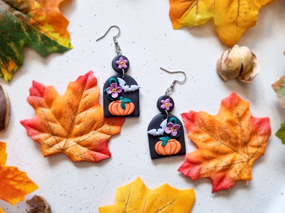 Cercei Halloween cu dovleci si lilieci, handmade din lut polimeric - bijuterii - cercei - cercei lungi - Artynos.ro