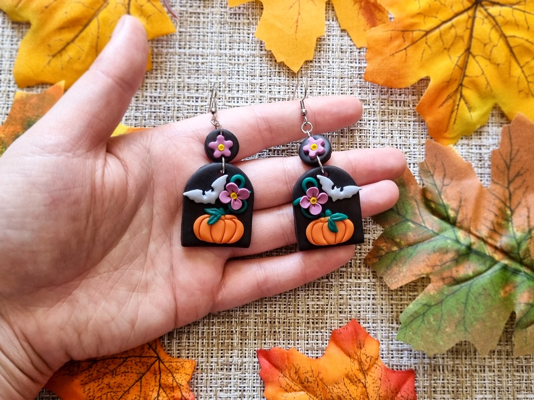 Cercei Halloween cu dovleci si lilieci, handmade din lut polimeric - bijuterii - cercei - cercei lungi - Artynos.ro