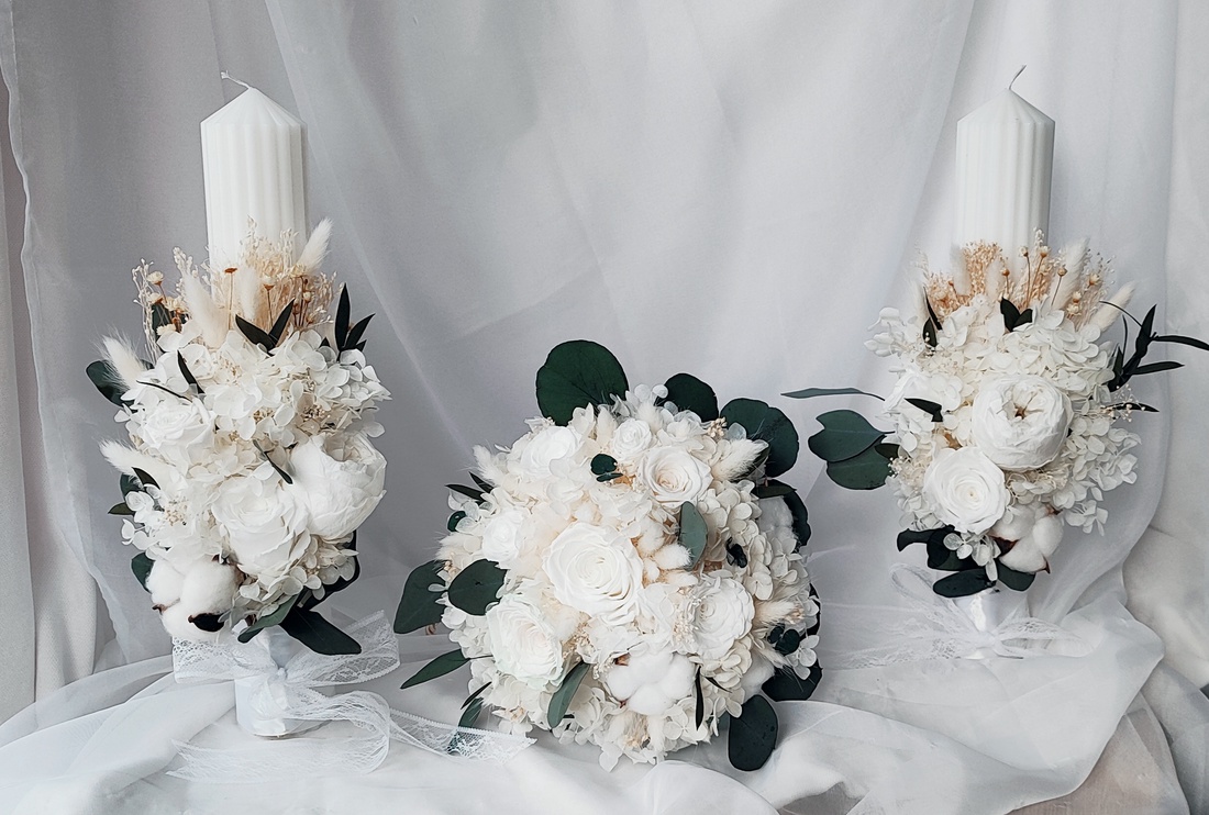 Set nunta - buchet de mireasa si lumanari de cununie - accesorii nuntă - amintiri și cadouri de nuntă - cadou nuntă - set de ceremonie - Artynos.ro