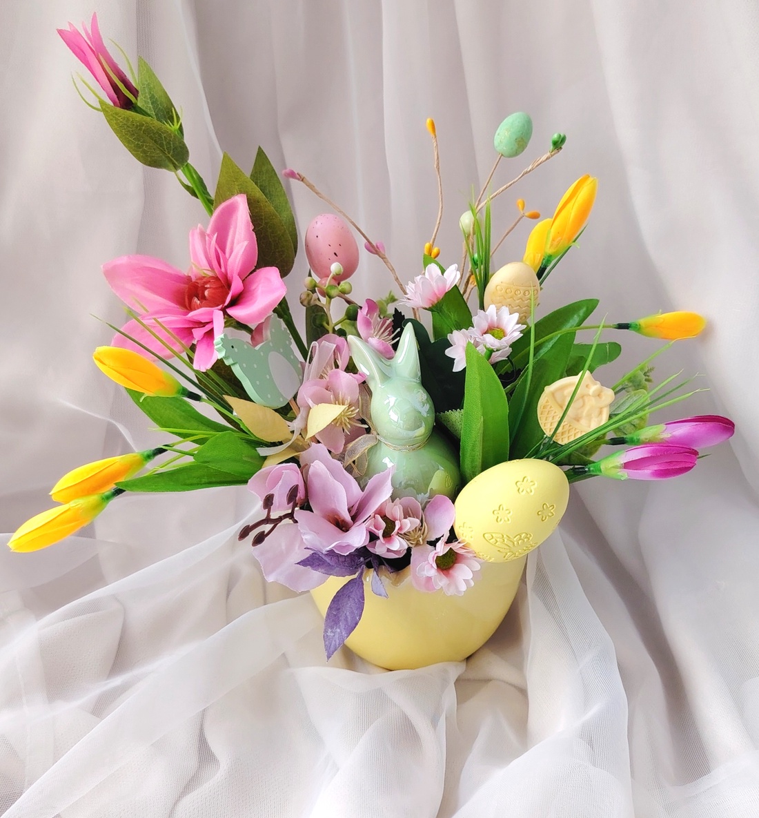 Aranjament / Decorațiune pentru Paște cu Iepuraș - decor de sărbători - decorațiuni de paște - decor masă de paște - Artynos.ro