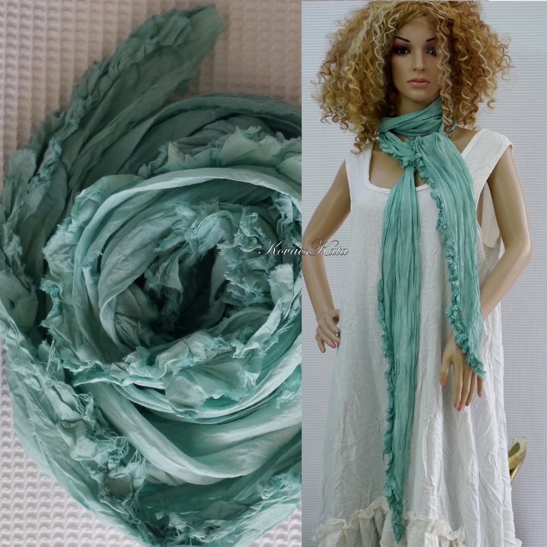 SIROM SCARL / verde turcoaz - eșarfă lungă batik cu volane - îmbrăcăminte și modă - eșarfe, pălării, fularuri - eșarfe - Artynos.ro