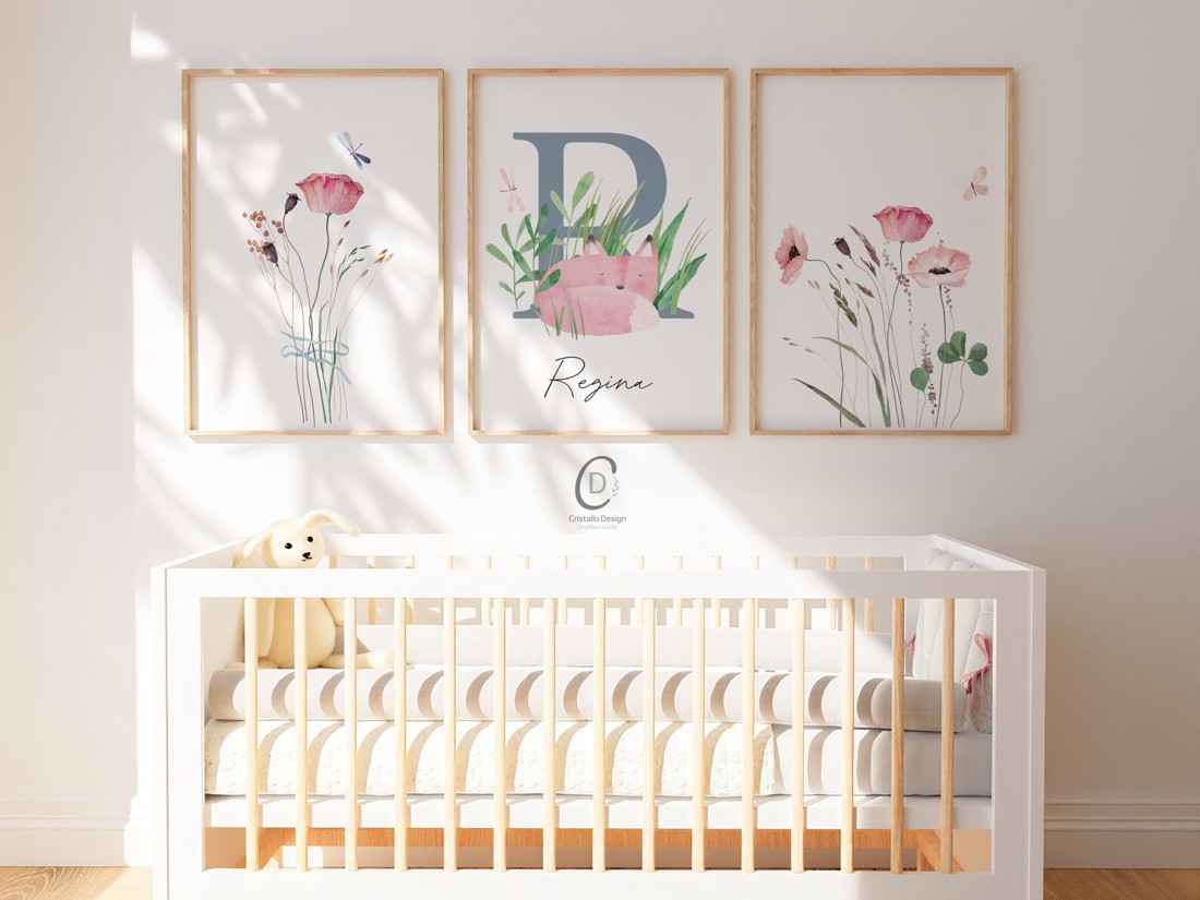 Litere, monogramă, imagine pentru ziua numelui, cadou de botez, decorare cameră copil, set de artă de perete cu flori sălbatice de 3 -  - Artynos.ro