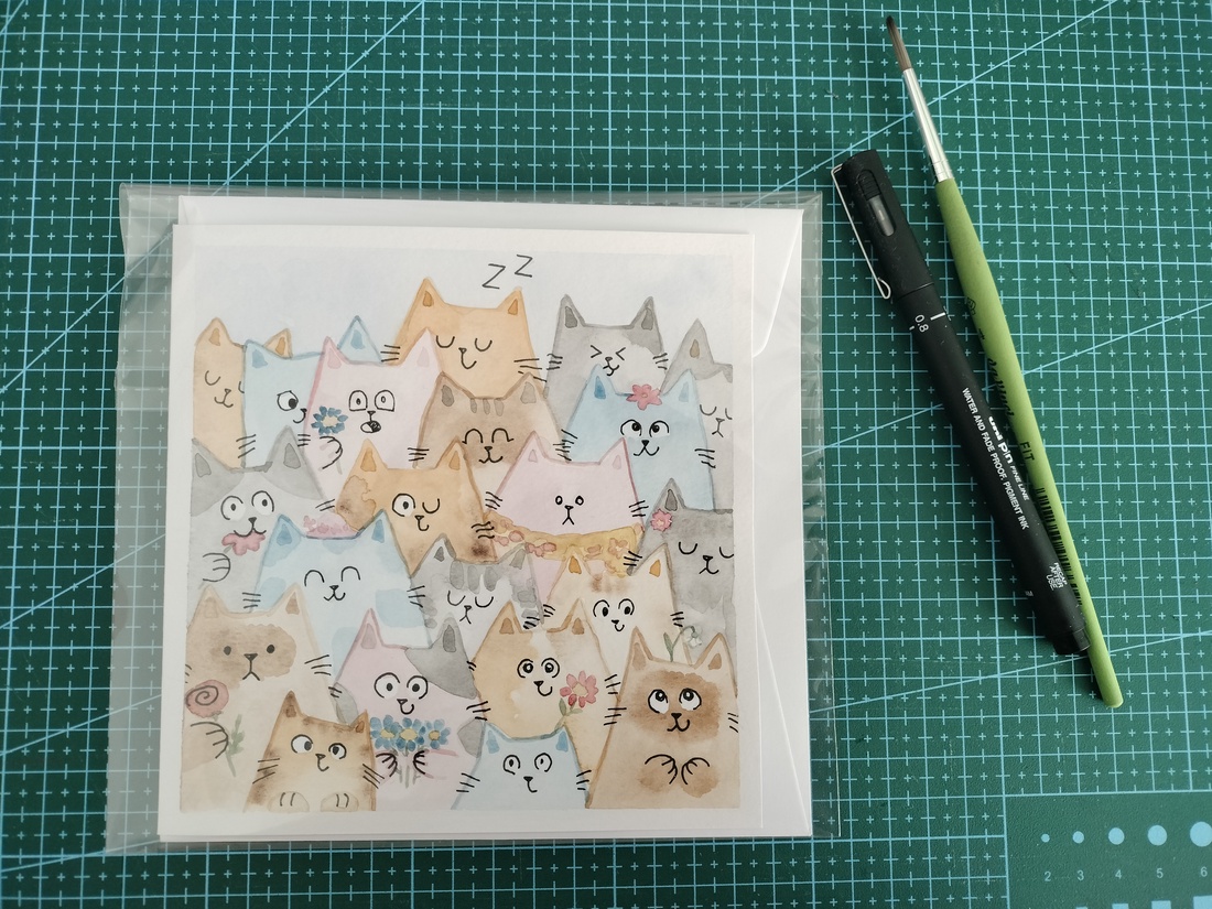 Felicitare pictata manual cu pisici și flori - arte vizuale și accesorii  - picturi - acuarele picturi - Artynos.ro