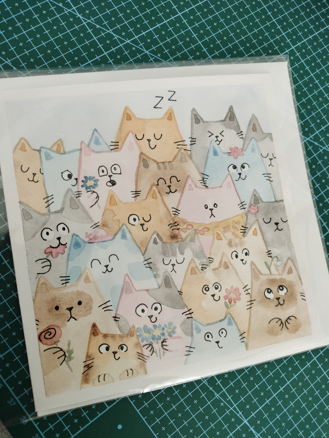 Felicitare pictata manual cu pisici și flori - arte vizuale și accesorii  - picturi - acuarele picturi - Artynos.ro