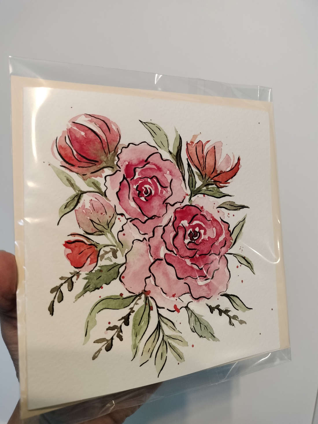 Felicitare pictata manual - trandafiri - casă & stil de viață - produse de papetărie - invitații, felicitări - Artynos.ro