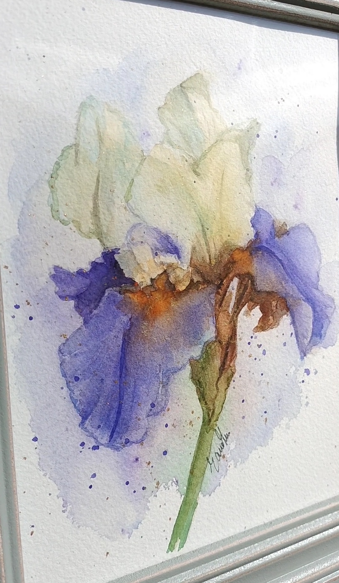 Floare de iris pictata manual cu rama - arte vizuale și accesorii  - picturi - acuarele picturi - Artynos.ro