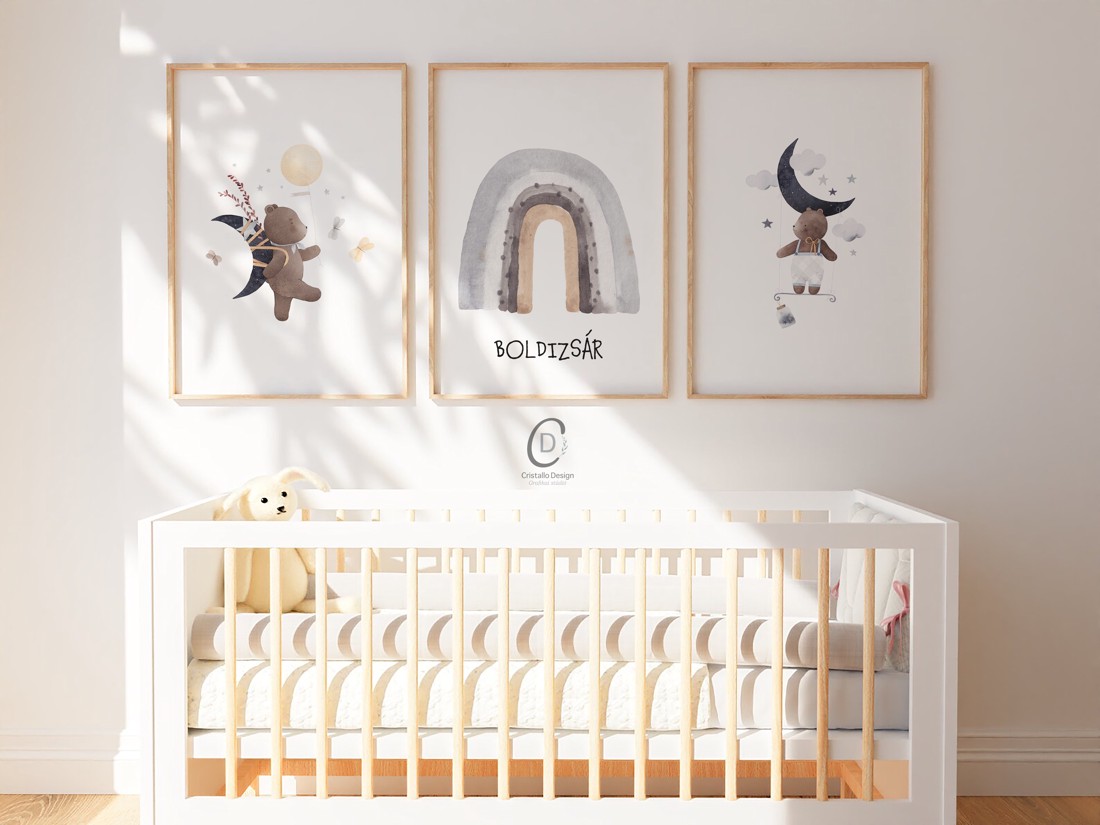 Tablou personalizat pentru camera copiilor, decorațiuni pentru camera bebelușului, ursuleț de pluș, lună, curcubeu, artă de perete set de 3 -  - Artynos.ro
