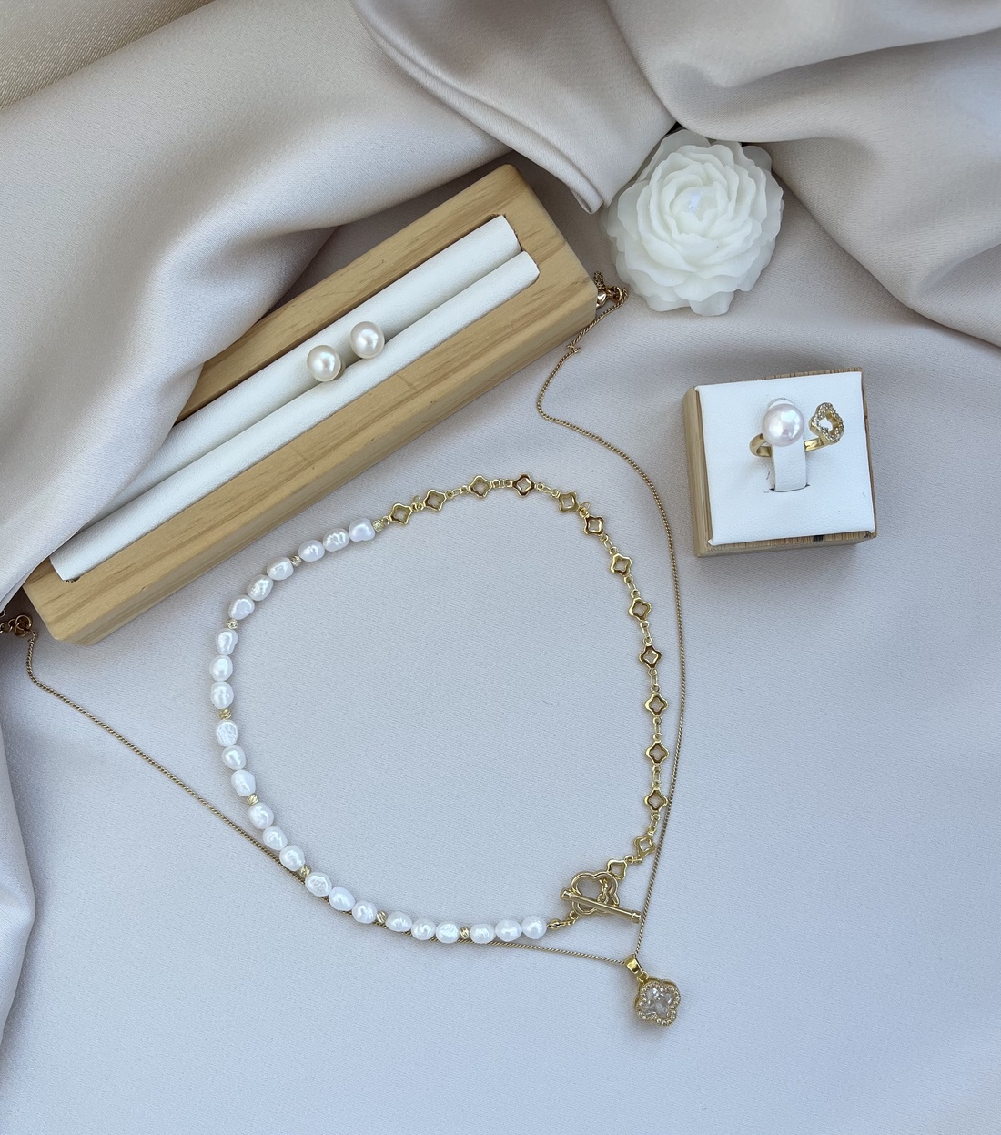 Set colier dublu, inel și cercei - accesorii nuntă - bijuterii mireasă - colier mireasă - Artynos.ro