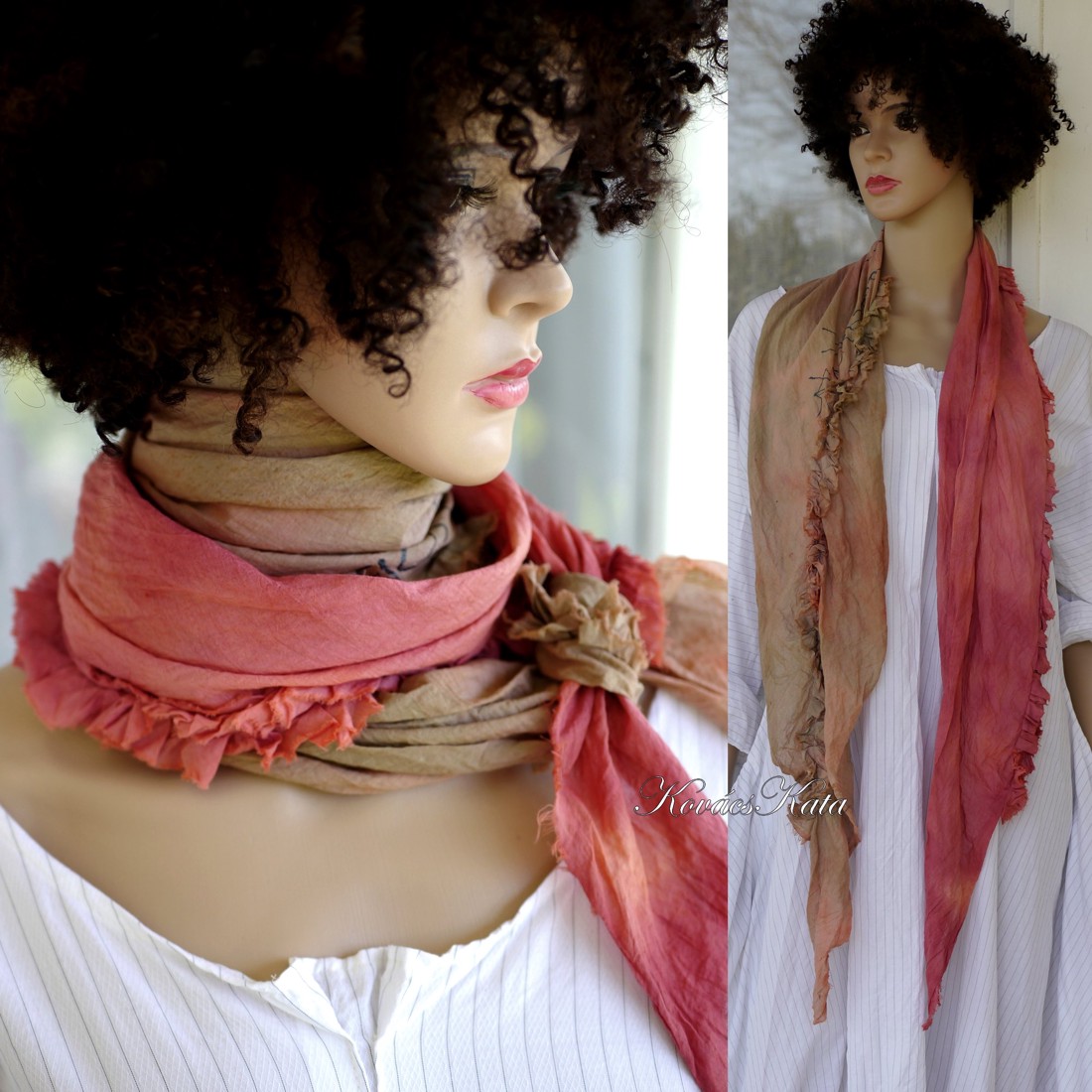 SYROME-SHAWL - eșarfă batik cu volane / nucă cărămizie - îmbrăcăminte și modă - eșarfe, pălării, fularuri - eșarfe - Artynos.ro