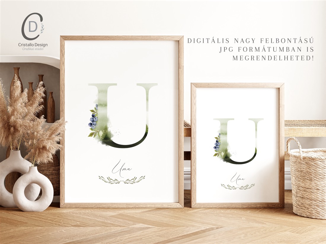 litera U, monogramă, imagine onomastică, decorare, acuarelă artă de perete, personalizată -  - Artynos.ro