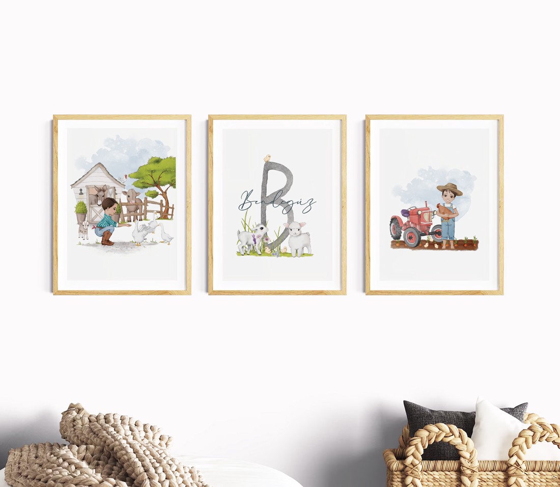 Viața la fermă, decorațiuni de perete, set poster cu monogramă, 3 bucăți -  - Artynos.ro
