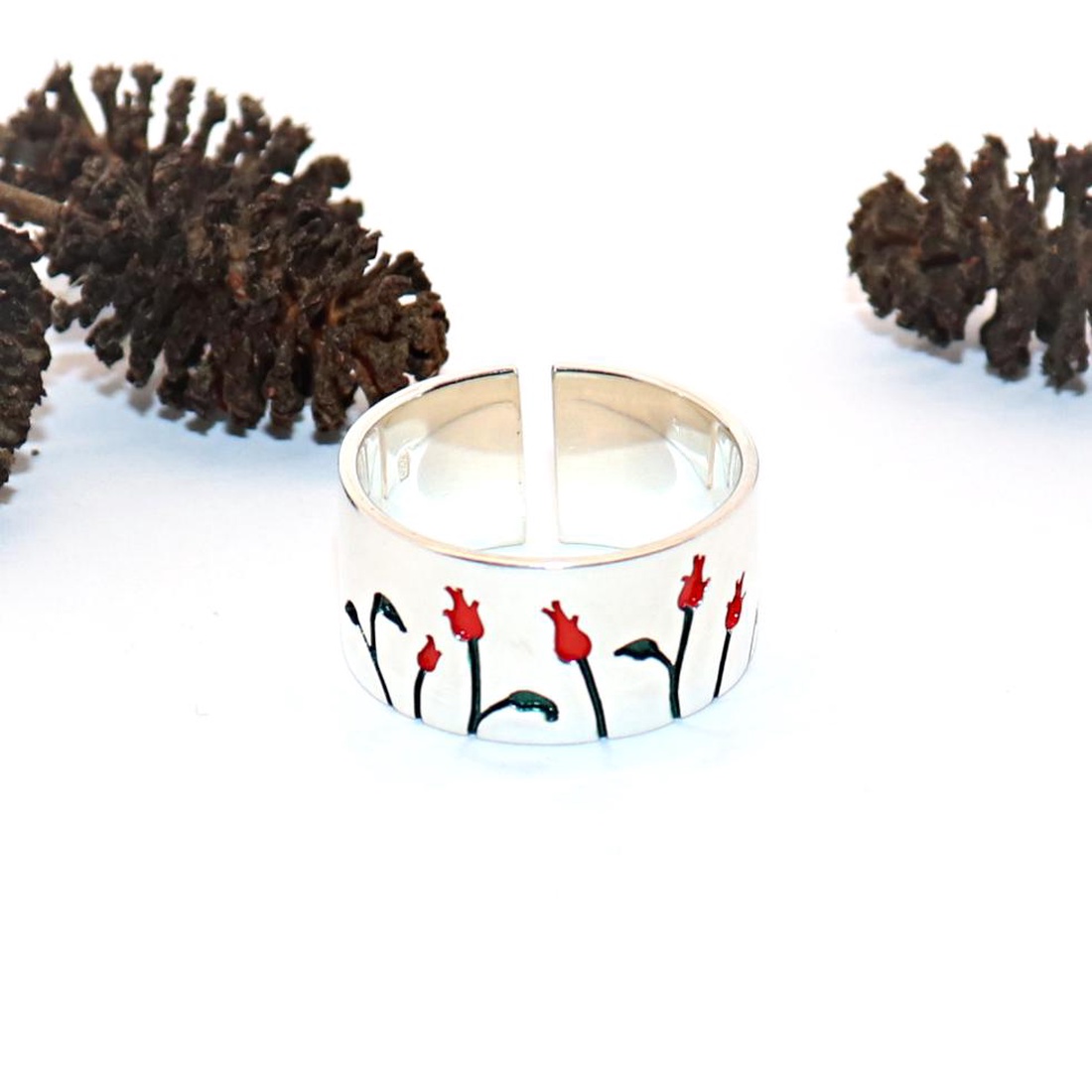 Inel lat din argint cu trandafir roșu, mărimea 60, reglabil (EGY.227) - bijuterii - inele - inele cu figurine - Artynos.ro