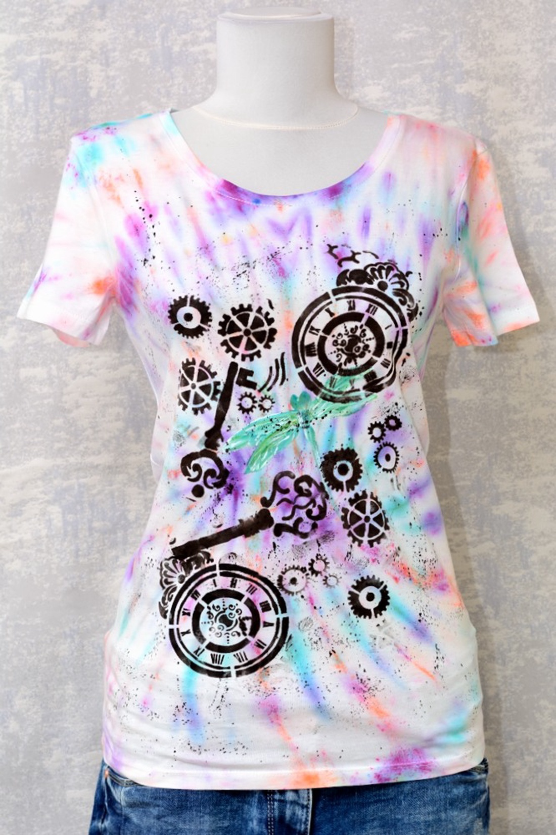 Tricou Tie and Dye, Libelule în timp, unicat - îmbrăcăminte și modă - haine damă - tricou și top de damă - Artynos.ro