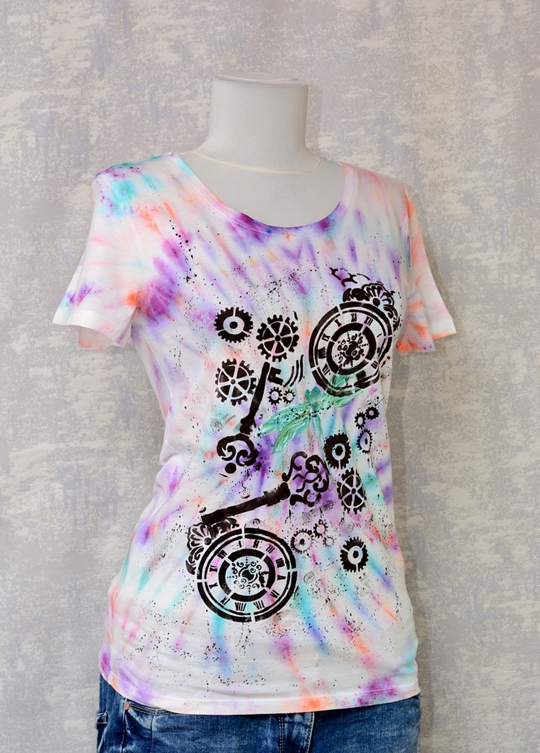 Tricou Tie and Dye, Libelule în timp, unicat - îmbrăcăminte și modă - haine damă - tricou și top de damă - Artynos.ro